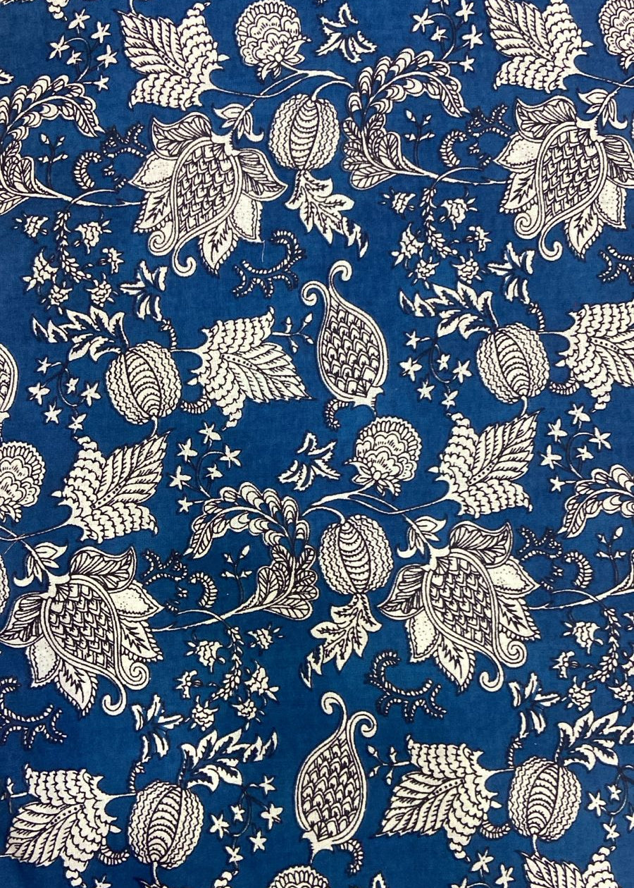 Floral pattern with white leaves and flowers on a blue background