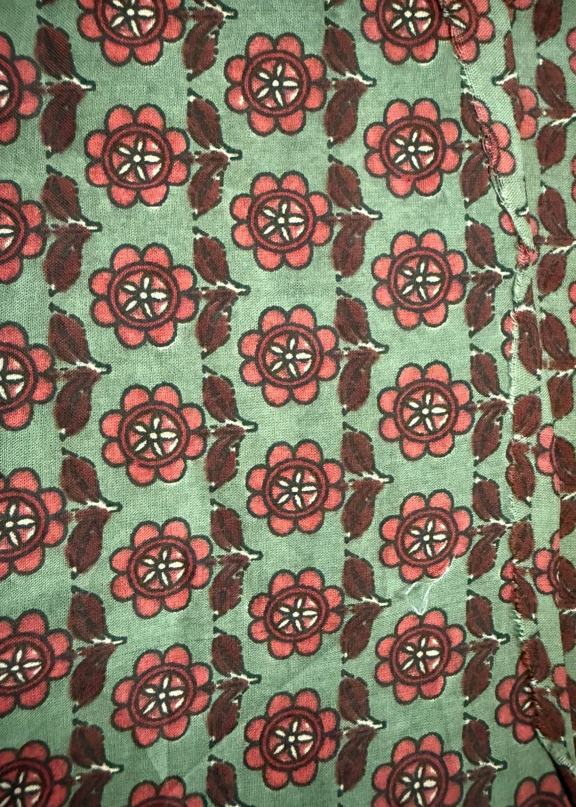 Patterned fabric with red flowers and green background