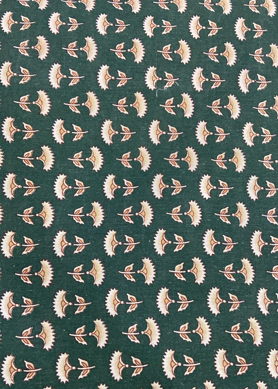 Pattern of small white flowers with green leaves on a dark green background