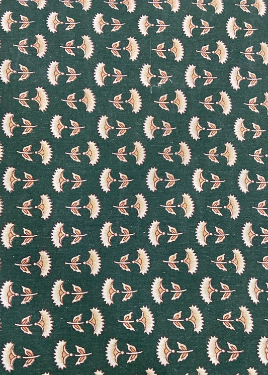 Pattern of small white flowers with green leaves on a dark green background