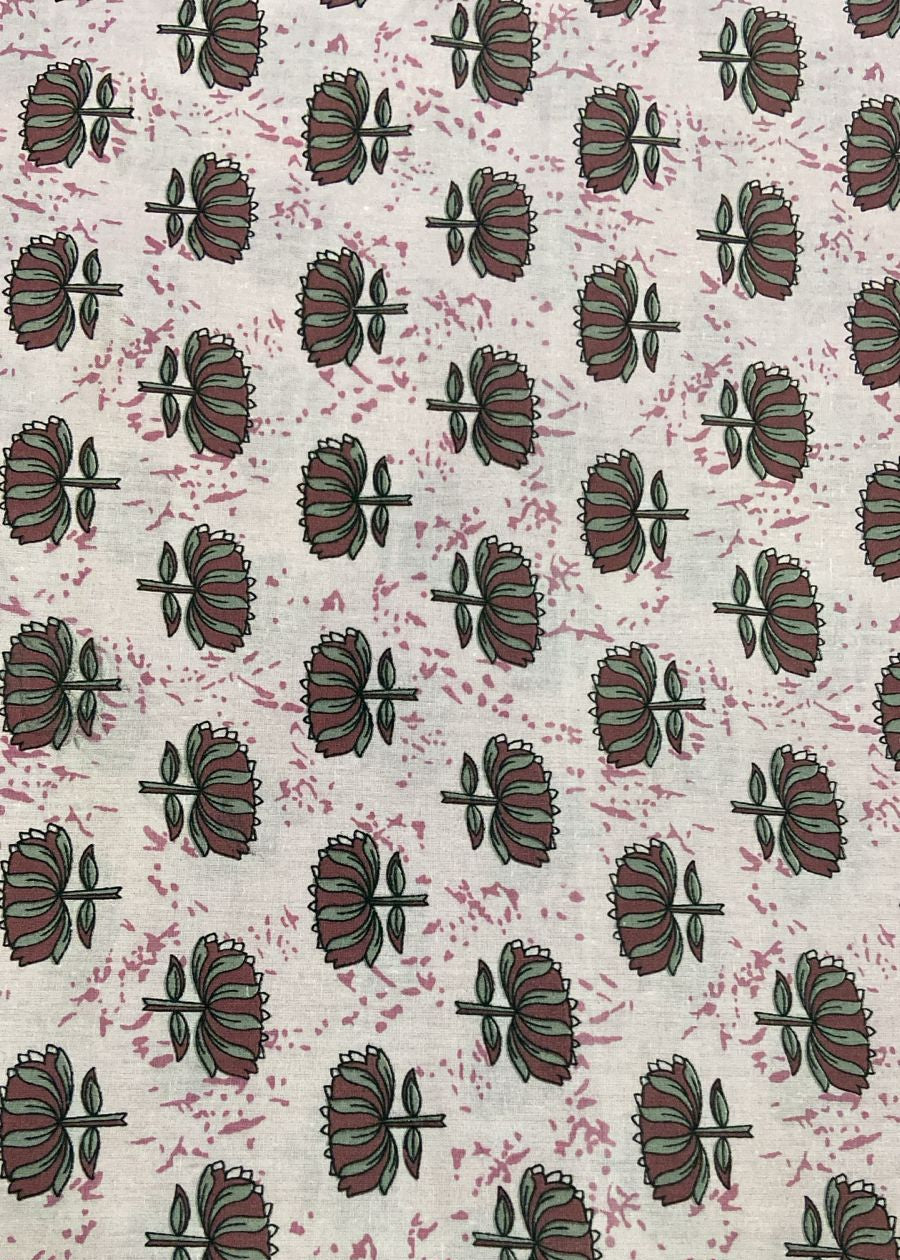 Patterned fabric with red floral design on a beige background