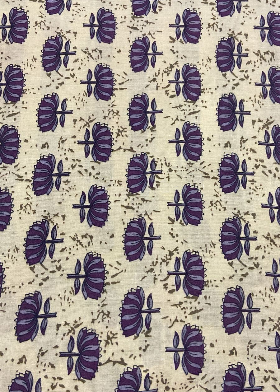 Patterned fabric with purple floral design on beige background