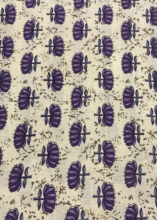 Patterned fabric with purple floral design on beige background