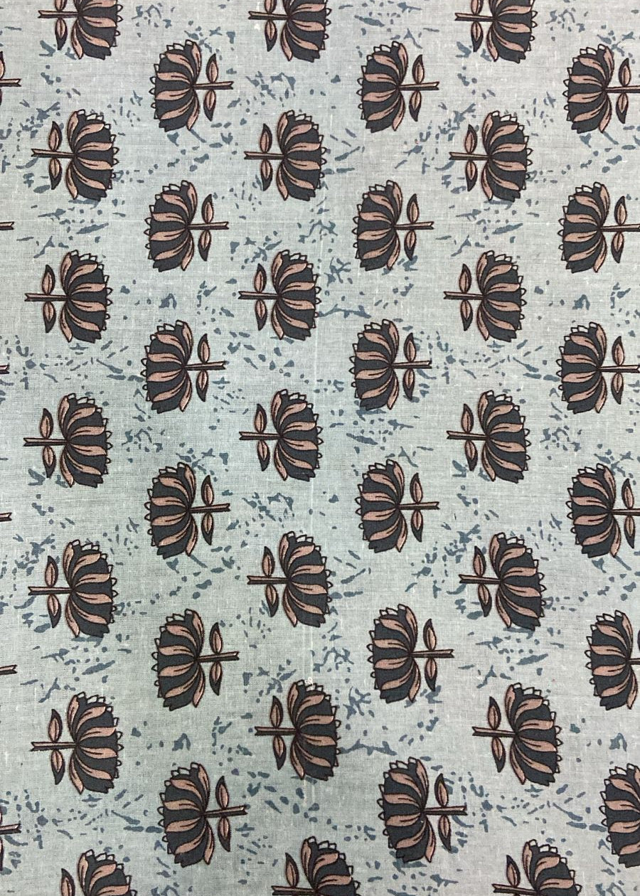 Patterned fabric with brown floral design on a light gray background