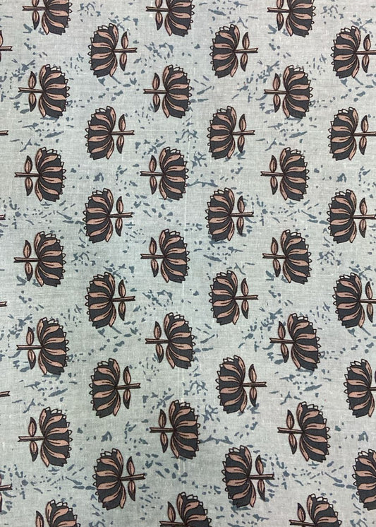 Patterned fabric with brown floral design on a light gray background