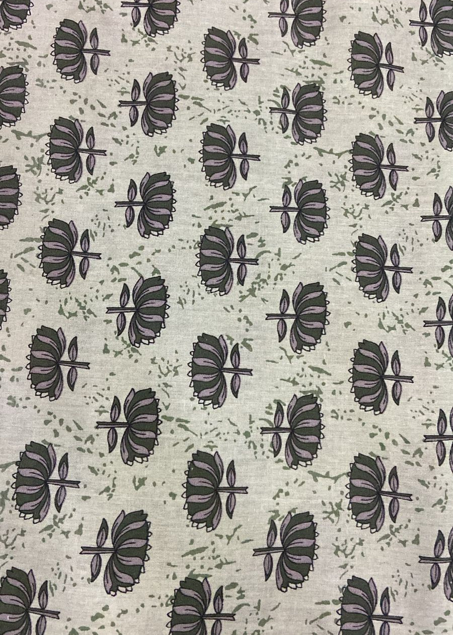 Patterned fabric with black floral design on a beige background
