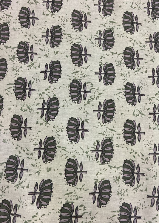 Patterned fabric with black floral design on a beige background