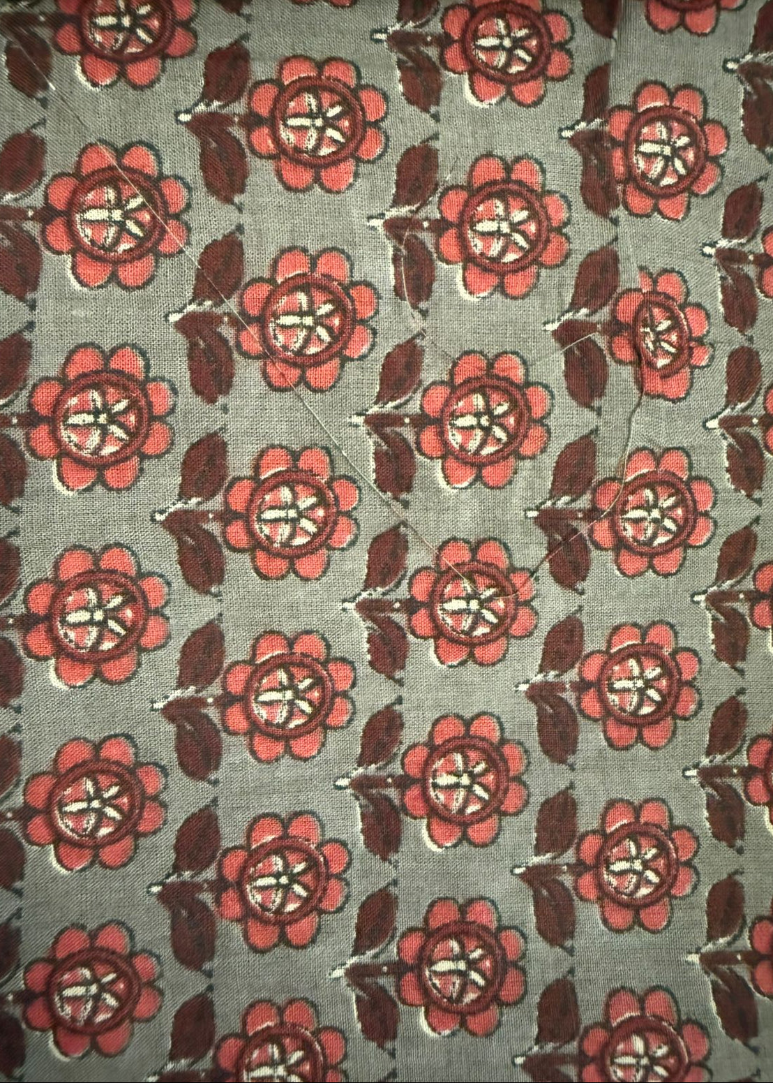 Patterned fabric with red flowers on a green background